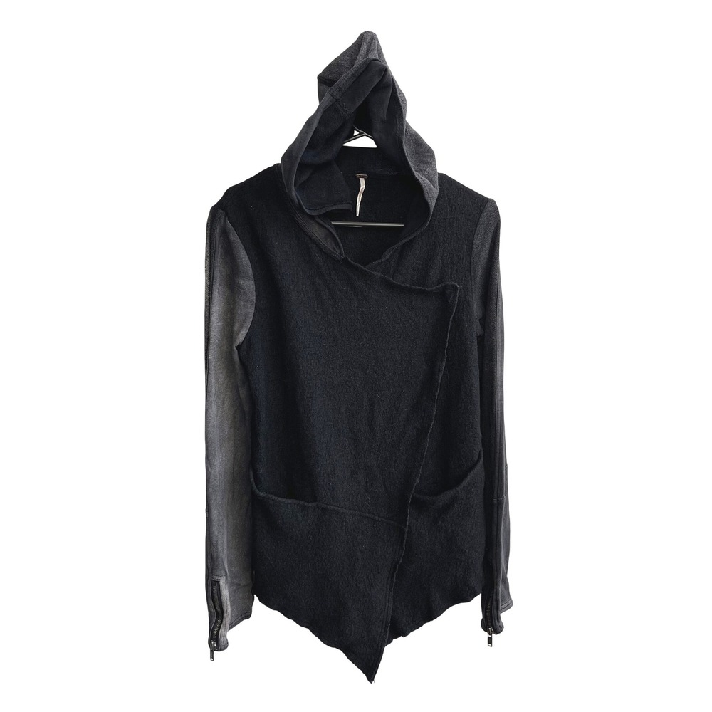 Free People Hooded Jacket Womens Small Black Boho Grunge Asymmetrical Zip Cuff